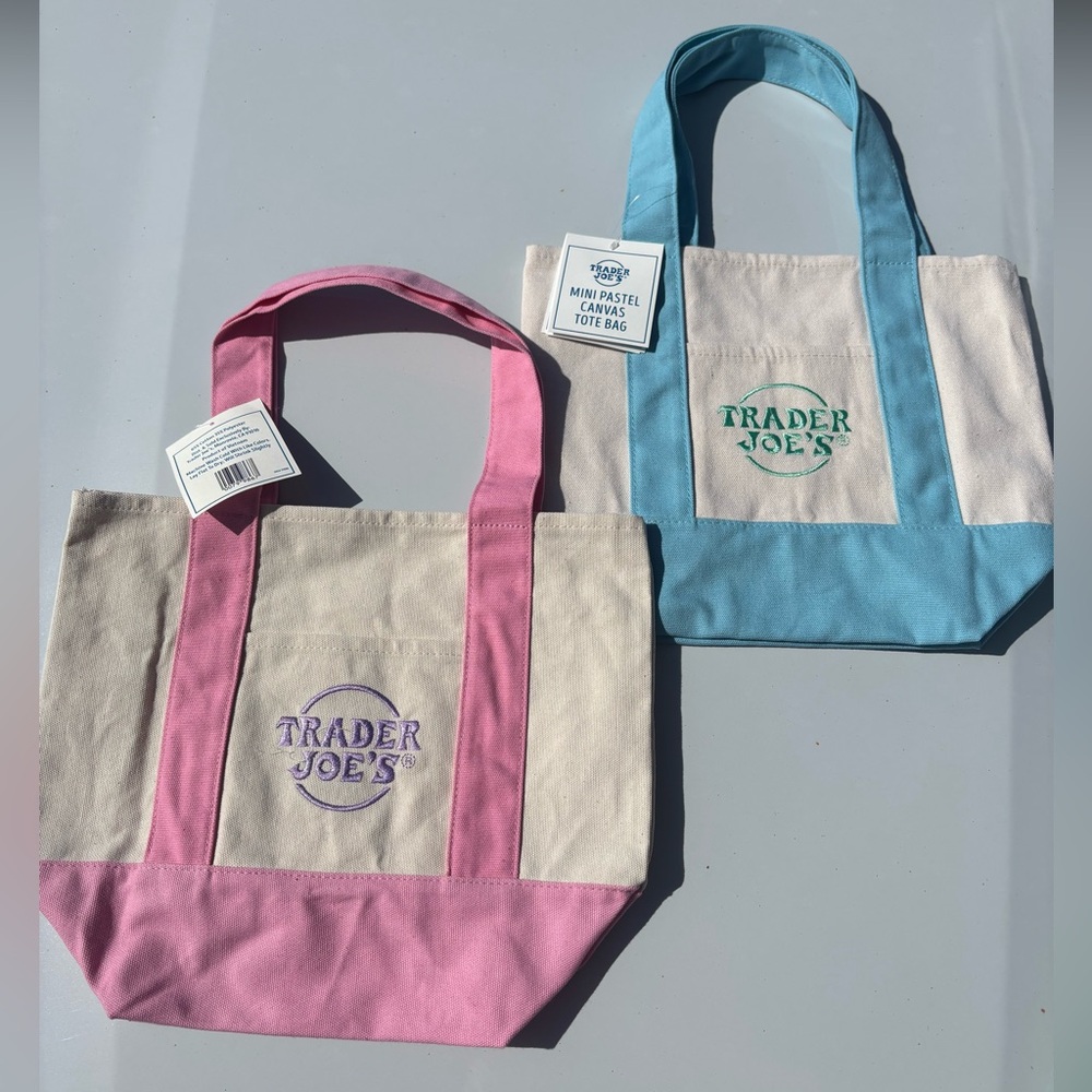 Trader Joe’s Bundle of 2 Mini Pastel Canvas Tote Bag - Pink / Blue limited ed